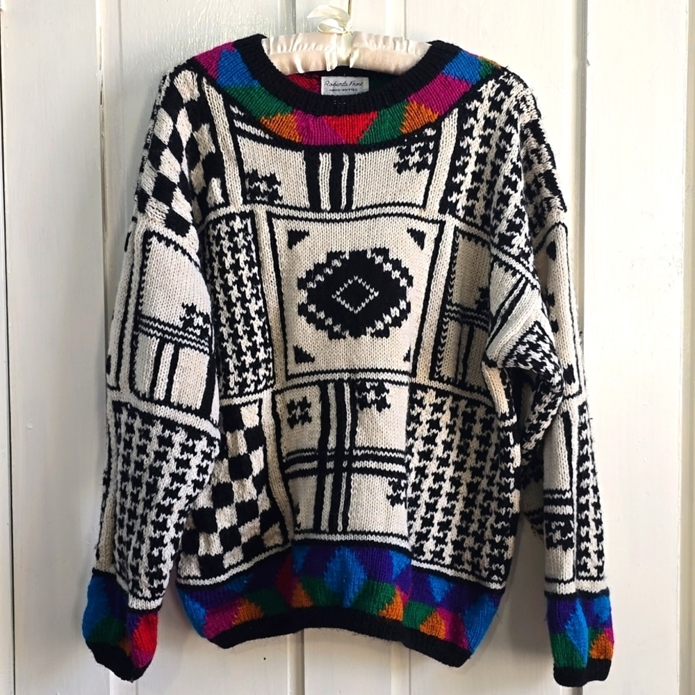 Vintage 80s 90s Roberta Frost Handknit Multi Pattern Sweater